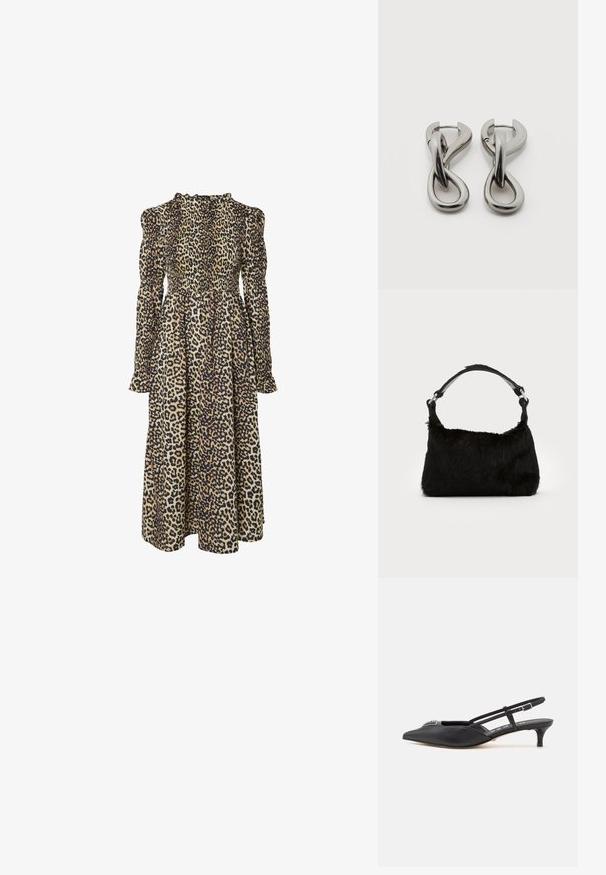 Leopardprint lange mouw jurk met een gesmokte lijfje, hoge halslijn en vloeiende silhouet. Gemaakt van zachte, lichte stof.; Zwarte slingback schoenen met een puntige neus, gemaakt van glad materiaal, met een kleine hak en een decoratieve zilverkleurige accent op de wreef.; Zwarte neplederen handtas met een zachte textuur, ronde vorm en een stevige zwartleren schouderband. Zilveren hardwareaccenten zichtbaar.; Set zilverkleurige metalen oorbellen met een abstract ontwerp van in elkaar grijpende lussen op een witte achtergrond.
