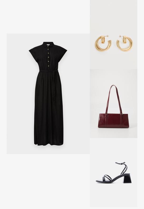 Schwarzes Maxikleid mit einem Kragen, kurzen Kapuzenärmeln, Knopfdetails an der Vorderseite und einem Taillengürtel. Glatter Stoff mit einer lockeren Passform.; Schwarze, offene Sandale mit Riemchen, Knöchelriemen mit Schnalle und Blockabsatz, seitlich auf hellem, neutralem Hintergrund gezeigt.; Burgunderfarbene Handtasche aus glänzendem Material, rechteckige Form, mit zwei Schulterriemen und subtilen, geschwungenen Akzenten an der Vorderseite.; Paar glänzende goldene Doppel-Loop-Creolen mit Steckverschlüssen vor weißem Hintergrund.
