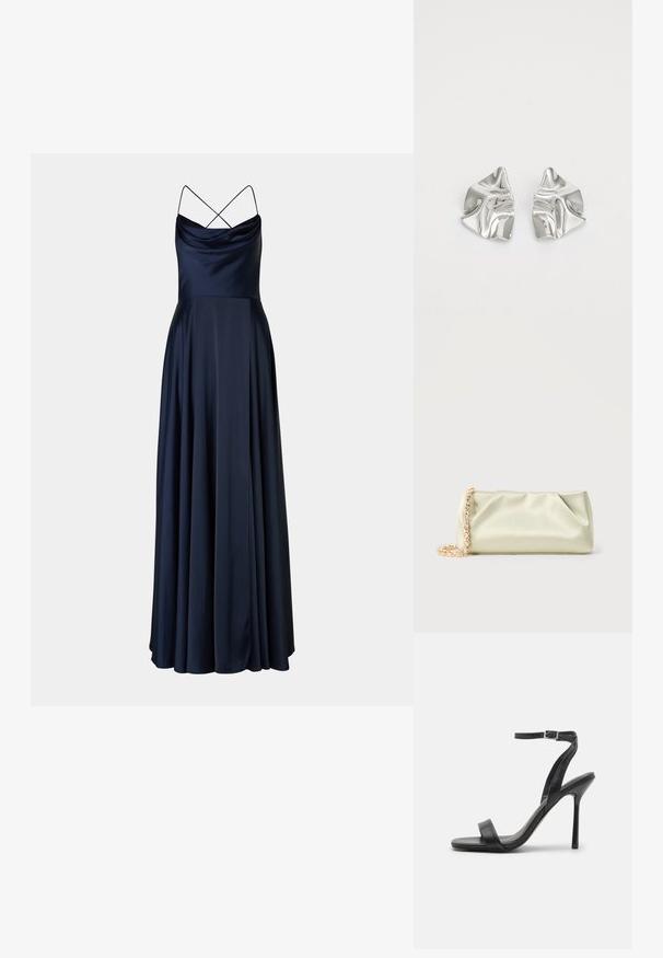 Marineblauwe satijnen avondjurk met een cowl-nek, dunne kruislingse bandjes en een vloeiende, volle rok. Gladde textuur en elegante silhouet.; Zwarte hoge hakken sandaal met een slanke enkelband en twee voorste banden. Gemaakt van soepel leer met een slanke puntneus en een stiletteloze hak.; Zacht lichtgroene satin clutch tas met gouden en kristallen kettingriem, rechthoekige vorm met zachte plooien op een effen achtergrond.; Zilveren metalen oorbellen met een golvend, sculpturaal ontwerp, voorzien van een gepolijste afwerking en onregelmatige vormen, die een hedendaagse esthetiek benadrukken.