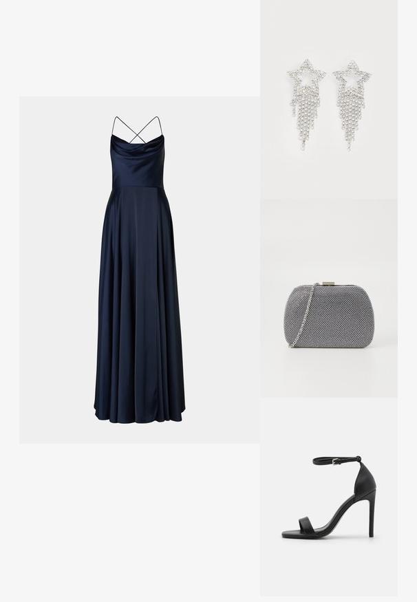 Marineblauwe satijnen avondjurk met een cowl-nek, dunne kruislingse bandjes en een vloeiende, volle rok. Gladde textuur en elegante silhouet.; Zwarte sandalen met hoge hakken, met een slank ontwerp, voorzien van een enkelbandje, open teen en een gladde leren textuur.; Zwart-witte textuur clutch tas met een ronde vorm, zilveren kettingband en een metalen sluiting aan de bovenkant.; Rhinestone ster oorbellen met waterval franje, in een zilverkleurige tint en een glanzend, reflecterend oppervlak. Stervorm met ingewikkeld ontwerp.