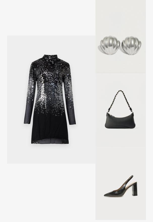 Musta pika varrukaga kleit kõrge kaelusega, mille kehaosas on ümmarguste hõbedaste litrite gradient, mis üleminekuks ühtlasele mustale alläärele.; Mustast nahast terava varbaga slingback-kinga kõrge plokk-kontsaga ja beežsisemise voodriga tavalise heledal taustal.; Mustast nahast õlakott kõveriku ristküliku kujuga, kuldse ketiga punutud mustast rihmast ning pealt lukuga sulguv.; Kaks hõbedatoonilist kestakujulist kompaktpeeglit, millel on soonilised detailid, asetatud kõrvuti valgel taustal.