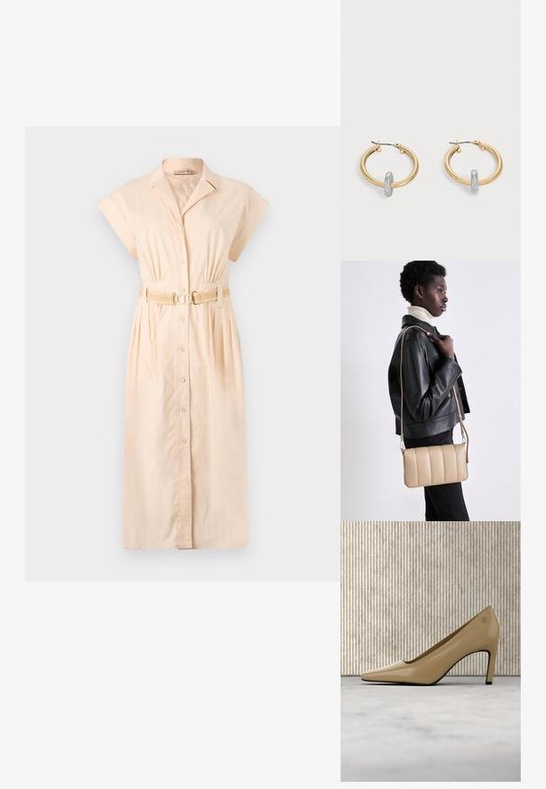 Licht perzikkleurige shirtjurk van katoen met een kraag, korte mouwen, knopen aan de voorkant en een gevlochten riem in de taille.; Beige puntige hoge hak schoen met klein gouden embleem, rechtopstaand op een reflecterend oppervlak nabij een metalen ordnerhouder.; Beige leren crossbody tas met een gequilt ontwerp, rechthoekige vorm, dunne schouderband en zilverkleurige hardware, gedragen door een persoon in een zwarte jas.; Paar goudkleurige creolen met kleine zilverkleurige lusdetail op elk, weergegeven tegen een lichtgrijze achtergrond.