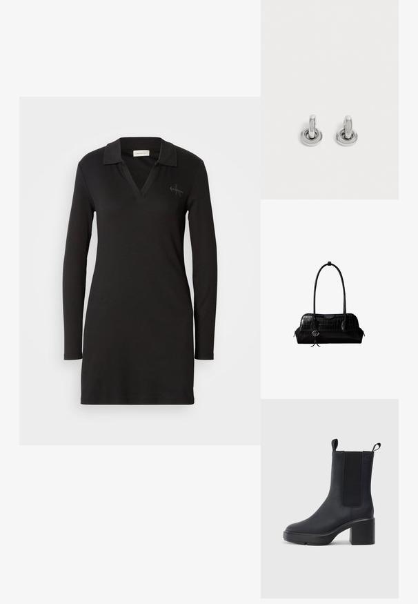 Schwarzes Langarm-Polo-Kleid mit V-Ausschnitt, Rippstruktur und einem dezenten Logo-Detail auf der linken Brust. Aus weichem Baumwollmix.; Schwarze Knöchelstiefel aus glattem Gummi-Material, mit elastischen Seitenpaneelen, Blockabsatz und Zugschlaufen oben für ein einfaches Anziehen.; Schwarze Umhängetasche aus krokodilstrukturiertem Leder mit langen Riemen und einem kleinen silbernen Logocharm an einem Riemen.; Paar kleine, glänzende silberne Creolen mit rundem Sockel, auf einfachem hellem Hintergrund präsentiert.