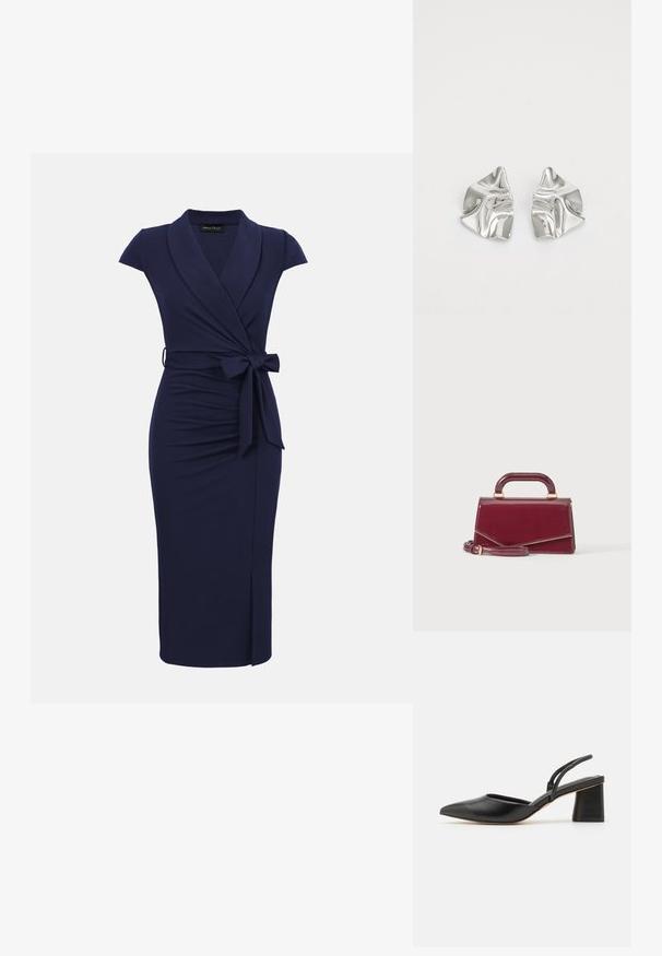 Robe portefeuille bleu marine longueur genou avec manches courtes, col châle, nœud latéral et fente discrète à l'avant.; Chaussure slingback en cuir noir avec un bout pointu, un petit talon carré et un design minimaliste comprenant de fines lanières et une texture lisse.; Petit sac à main bordeaux brillant avec une poignée supérieure et une bandoulière détachable, présenté sur un fond clair uni.; Boucles d'oreilles en métal argenté avec un design ondulé et sculptural, présentant une finition polie et des formes irrégulières, mettant en valeur une esthétique contemporaine.