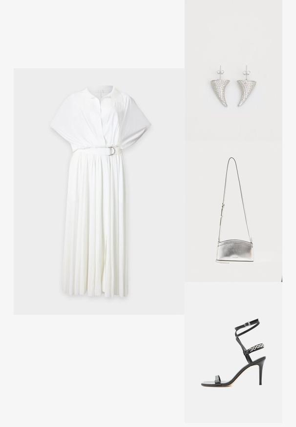 Vestido midi blanco con mangas cortas abullonadas, parte superior con cuello y botones, falda plisada y cinturón a juego con hebilla plateada.; Sandalia negra de tacón alto con tira delgada en el tobillo, tira en la parte media del pie decorada con eslabones de cadena plateados y diseño de punta abierta.; Bolso bandolera metálico plateado con correa ajustable y logo sutil en el frente sobre un fondo claro y liso.; Pendientes en forma de cuerno plateado, engastados con pequeñas piedras transparentes, que cuentan con un cierre trasero para su sujeción. Textura suave y acabado metálico.