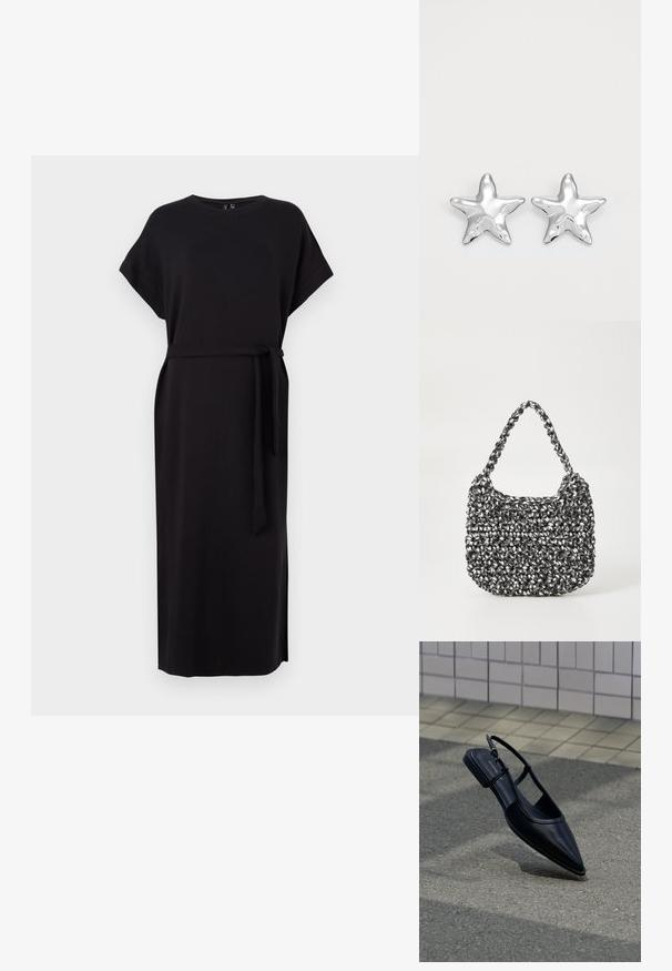 Zwarte jurk met korte mouwen, ronde hals, zijslitsen en een taille riem, gemaakt van een gladde, vloeiende stof.; Zwarte platte schoen met puntige neus en slingback, zwevend boven een asfaltoppervlak naast een betegeld trottoir.; Geweven handtas in zwart en wit met een ronde vorm, gestructureerd oppervlak en een gevlochten handvat. Geschikt voor dagelijks gebruik.; Zilveren stervormige oorbellen met een gepolijste, glanzende afwerking. Elke oorbel heeft vijf punten en subtiele textuurdetails op het oppervlak.