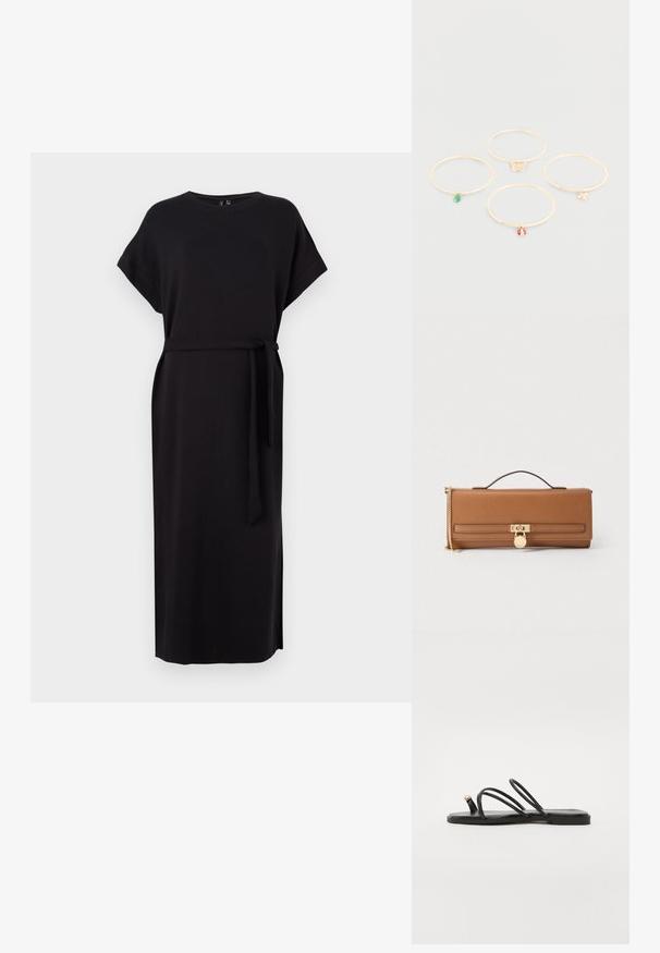 Musthave musta lühikeste varrukatega kleit, ümmarguse kaelusega, külgsisse lõigetega ja vöörihmaga, valmistatud sujuvast ja voogavast kangast.; Call it Spring LUNAROSE - T-rihmaga sandaalid - black; Pruun nahast käekott ülaosaga käepidemega, kuldsete detailide ja kett-kotirihmaga. Omaduseks on klambri sulgemine ja tekstureeritud pind.; Neli õhukest kuldset käevõru väikeste rippuvate ehtedega: roheline pisar, liblikas läbipaistvate kivikestega, punane lepatriinu ja kuldne mesilane.