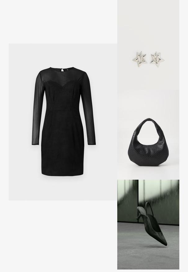 Robe noire ajustée avec des manches longues transparentes et un décolleté cœur, un empiècement transparent, et une longueur au genou.; Escarpin à talon haut en cuir noir avec bride arrière et bout pointu, flottant au-dessus d'un sol recouvert de moquette grise, mur verdâtre flou en arrière-plan.; Sac à main tissé noir avec une poignée courbée, présentant une surface texturée et une forme décontractée. Fini lisse avec une silhouette organique.; Boucles d’oreilles créoles en forme d’étoile argentée avec une finition lisse et polie sur un fond blanc uni.