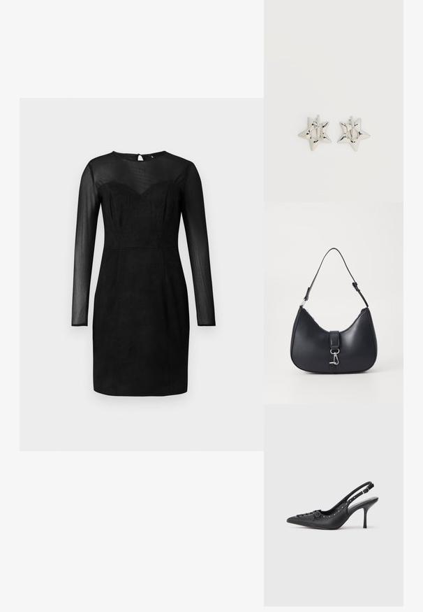 Robe noire ajustée avec des manches longues transparentes et un décolleté cœur, un empiècement transparent, et une longueur au genou.; Escarpin en cuir noir à talon aiguille avec un bout pointu, une bride latérale à boucle, des clous le long du bord et un laçage décoratif à l'avant.; Pieces PCLIKA SHOULDER BAG - Sac à main - black; Boucles d’oreilles créoles en forme d’étoile argentée avec une finition lisse et polie sur un fond blanc uni.