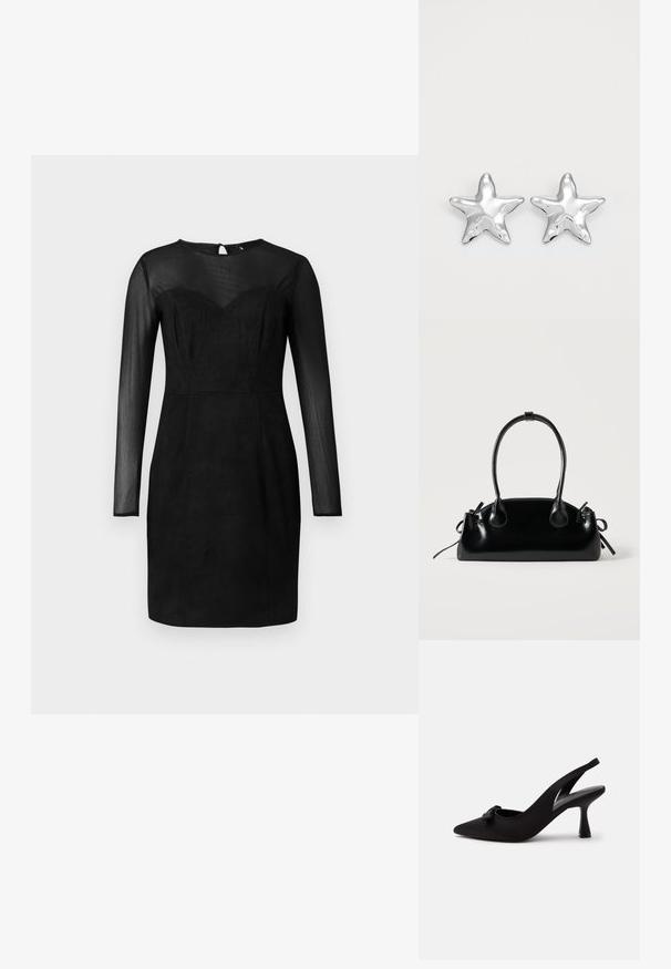Zwart aansluitend jurkje met transparante lange mouwen en een transparante yoke, sweetheart halslijn en een knielange zoom.; Zwarte slingback pumps met een spits toelopende neus, kleine strik aan de voorkant en een smalle hak, afgebeeld tegen een witte achtergrond.; Kleine zwarte glanzende handtas met twee lange hengsels en zijkant trekkoord details op een effen lichte achtergrond.; Zilveren stervormige oorbellen met een gepolijste, glanzende afwerking. Elke oorbel heeft vijf punten en subtiele textuurdetails op het oppervlak.