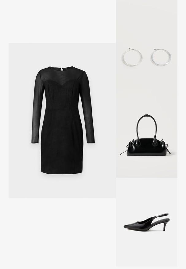 Zwart aansluitend jurkje met transparante lange mouwen en een transparante yoke, sweetheart halslijn en een knielange zoom.; Zwarte slingback kitten heel schoen met spitse neus en een rij kleine heldere rhinestones op het bandje, tegen een witte achtergrond.; Kleine zwarte glanzende handtas met twee lange hengsels en zijkant trekkoord details op een effen lichte achtergrond.; Zilverkleurige metalen creolen oorbellen met een glad, licht gebogen oppervlak en sluitingen met haaksluiting op een effen witte achtergrond.