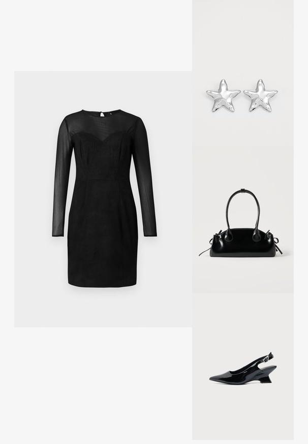 Robe noire ajustée avec des manches longues transparentes et un décolleté cœur, un empiècement transparent, et une longueur au genou.; Chaussure slingback en cuir verni noir avec bout pointu et petit talon bloc incliné sur fond clair uni.; Petit sac à main noir brillant avec deux longues anses et des détails à cordon sur les côtés sur un fond clair uni.; Boucles d'oreilles argentées en forme d'étoile, avec une surface lisse et brillante. Chaque boucle d'oreille possède cinq pointes et des détails subtils de texture de surface.