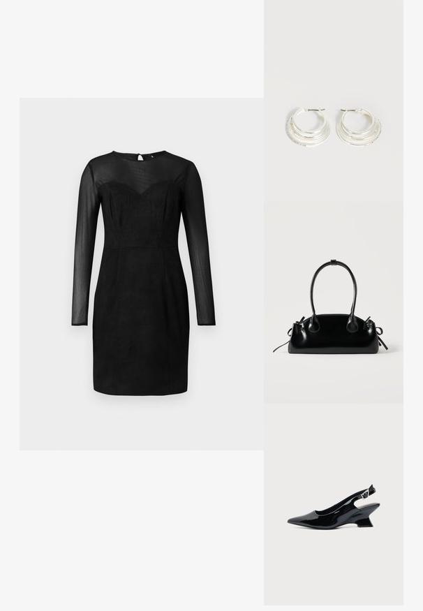 Robe noire ajustée avec des manches longues transparentes et un décolleté cœur, un empiècement transparent, et une longueur au genou.; Chaussure slingback en cuir verni noir avec bout pointu et petit talon bloc incliné sur fond clair uni.; Petit sac à main noir brillant avec deux longues anses et des détails à cordon sur les côtés sur un fond clair uni.; Boucles d'oreilles créoles en argent avec trois bandes semi-circulaires superposées, dont une ornée de petits cristaux clairs sur un fond clair.
