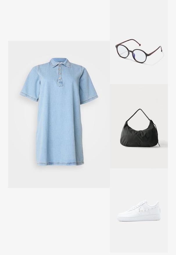 Lyseblå denimkjole med spids krave, korte ærmer og fem-knaps lukning; har sømdetaljer ved kanten og ærmerne.; Hvid Nike Air Force 1 sneakers med nittebesat Swoosh-detalje og tyk sål, vist mod en ensartet lysegrå baggrund.; Runde skildpaddebrune brilleindramninger med klare linser og en subtil blå lysrefleksion på en hvid baggrund.; Sort blødt stof skuldertaske med enkelt strop og let rynket tekstur mod en ensfarvet lys baggrund.