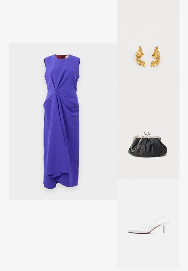 Kätistega lilla midi kleit asümmeetriliste drapeeritud voldidega, mis algavad vöökohtadest, ümmarguse kaeluse ning keha ligi mõõtmisega.; Valge nahast naiste slingback-tüüpi jalanõu, terava ninaotsaga, madala kitsa kontsaga ja väikese dekoratiivse lipsuga peal, esitatud külgvaates.; Musthave musta nahast käekott, millel on volditud tekstuur, hõbedane metallraam, lukustatud sulgemismehhanism ja kett. Sile ja pehme pind.; Kuldtooni kõrvarõngad, millel on keeratud lehekujundus, kaunistatud väikeste sädelevate kividega ning kinnitatud tagumise postiga.