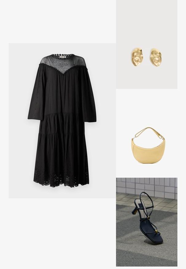Robe en coton noir avec un design à niveaux, des manches longues et un empiècement en tulle avec des bords festonnés. Détail en œillets à l'ourlet.; Sandale noire à talons avec brides, bout carré, boucle dorée et détail de perles dorées sur la bride du bout, posée sur l'asphalte près d'un mur carrelé.; Sac à bandoulière en cuir beige doux en forme de croissant avec une sangle réglable et une fermeture éclair à quincaillerie argentée.; Paire de boucles d'oreilles en métal doré brillant, de forme irrégulière, avec une surface froissée et lisse sur un fond clair uni.