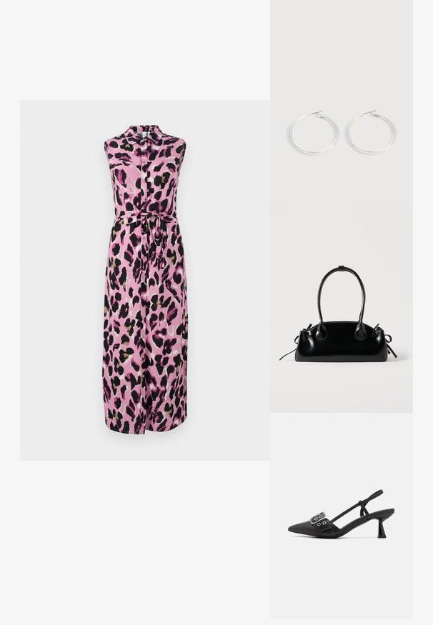Ärmelloses pinkes Kleid mit einem Leopardenmuster in Schwarz und Beige, mit einer Knopfleiste vorne und einem gebundenen Taillenband für eine formschöne Silhouette.; Simmi London DALA - Pumps - black; Kleine schwarze glänzende Handtasche mit zwei langen Griffen und seitlichen Kordelzug-Details vor einfachem hellem Hintergrund.; Paar glänzende silberne Creolen mit dünnen Drahtverschlüssen, dargestellt vor einem hellgrauen Hintergrund.
