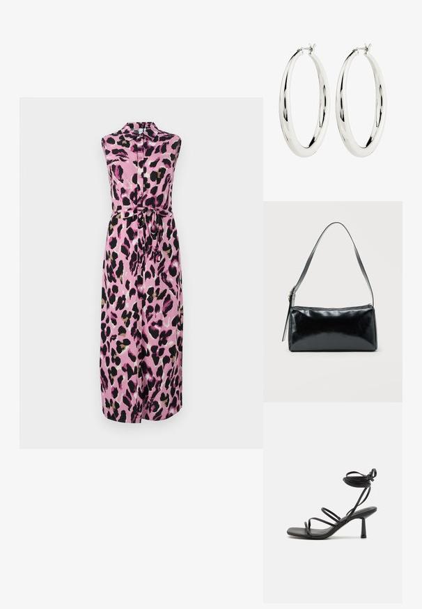 Ärmelloses pinkes Kleid mit einem Leopardenmuster in Schwarz und Beige, mit einer Knopfleiste vorne und einem gebundenen Taillenband für eine formschöne Silhouette.; Schwarze Sandale mit Riemchen, quadratischer Zehenpartie, verstellbaren Knöchelbindungen und einem schmalen Blockabsatz. Hergestellt aus einem glatten, strapazierfähigen Material.; Schwarze rechteckige Schultertasche mit einem verstellbaren Riemen und einem oberen Reißverschluss vor einfachem Hintergrund.; Silberne Creolen mit einer glatten, reflektierenden Oberfläche. Runde, große Form mit einem sicheren Verschluss an der Oberseite. Polierte Oberfläche betont den Glanz.