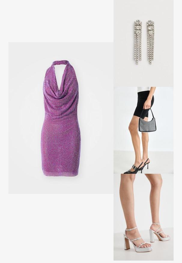 Vestido morado de cuello halter con frente drapeado y patrón de lentejuelas por toda la prenda. Silueta ajustada con una textura suave. Largo corto.; Sandalias de tacón alto de plataforma plateada con correas para el tobillo, material texturizado, tacón ancho en bloque y hebillas ajustables.; Bolso de cuentas negras con una silueta curva, asa de transporte y textura brillante. Llevado con zapatos de tacón altos negros y pantalones cortos negros ajustados.; Pendientes colgantes de tono plateado con tres grandes cristales cuadrados en la parte superior y tres hebras de cristales redondos más pequeños colgando debajo.