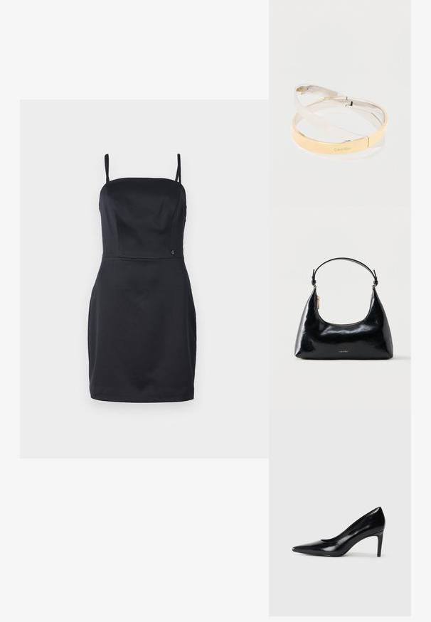 Zwarte strapless jurk met een aansluitende buste, een gladde stof en een rechte zoom. Bevat een klein logo-accent nabij de taille.; Zwarte leren hoge hak met een spitse neus, een gladde textuur en een tapse hak. Minimalistisch ontwerp, geen extra versieringen.; Zwarte glanzende Calvin Klein handtas met gouden rits en korte band tegen een effen witte achtergrond.; In elkaar grijpen gepolijste metalen armbanden in zilver- en goudtinten, waarvan er één is gegraveerd met het "Calvin Klein"-logo, op een witte achtergrond.