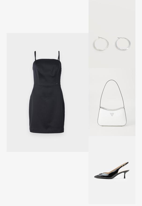 Robe noire sans bretelles avec un corsage ajusté, en tissu lisse et à ourlet droit. Présente un petit logo près de la taille.; Escarpin slingback en cuir verni noir avec bout pointu, petit talon kitten et bride à boucle argentée sur fond blanc uni.; Sac à main blanc au design élégant et incurvé, doté d'une fine bandoulière noire et d'un accent logo triangle argenté. Texture lisse et détails minimaux.; Boucles d’oreilles créoles en métal argenté avec une surface lisse légèrement incurvée et des fermoirs à clapet sur un fond blanc uni.