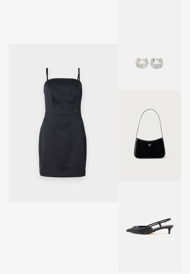 Zwarte strapless jurk met een aansluitende buste, een gladde stof en een rechte zoom. Bevat een klein logo-accent nabij de taille.; Zwarte slingback schoenen met een puntige neus, gemaakt van glad materiaal, met een kleine hak en een decoratieve zilverkleurige accent op de wreef.; Zwarte schoudertas van lakleer met een smalle band, driehoekig Guess-logo aan de voorkant en een ritssluiting bovenaan.; Guess STYLISH - Oorbellen - silver-coloured