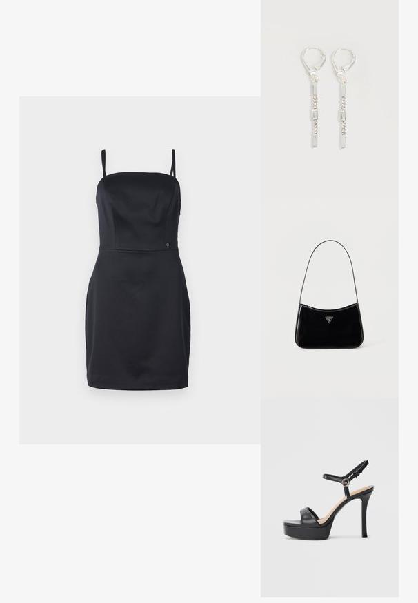 Schwarzes trägerloses Kleid mit taillierter Passform, glattem Stoff und geradem Saum. Verfügt über ein kleines Logo-Detail in der Nähe der Taille.; Schwarze Plateausandalen mit hohem Stiletto-Absatz, ausgestattet mit einem glatten Lederobermaterial, einem Peeptoe-Design und einem verstellbaren Knöchelriemen mit Metallbeschlägen.; Schwarze Schultertasche aus Lackleder mit schmalem Riemen, dreieckigem Guess-Logo vorne und einem Reißverschluss oben.; Silberne hängende Ohrringe mit rechteckigen und runden klaren Kristallen in einer vertikalen Linie, gesichert durch Leverback-Verschlüsse.