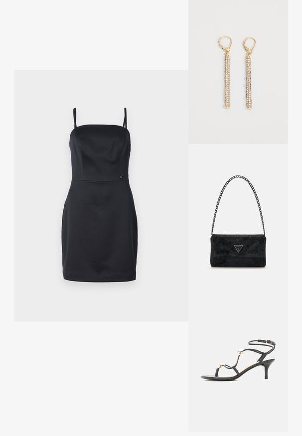 Robe noire sans bretelles avec un corsage ajusté, en tissu lisse et à ourlet droit. Présente un petit logo près de la taille.; Sandale noire à fines lanières et talon moyen, ornée de perles dorées et d'une bride de cheville avec boucle sur fond blanc.; Sac à main noir perlé avec une surface texturée, doté d'une bandoulière en chaîne et d'une plaque logo triangulaire à l'avant. Forme rectangulaire compacte.; Boucles d'oreilles en ton doré comportant de longues barres minces ornées de petits strass clairs. Fermoirs à ressort en haut pour un port sécurisé.