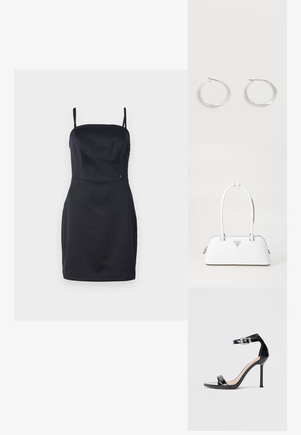 Schwarzes trägerloses Kleid mit taillierter Passform, glattem Stoff und geradem Saum. Verfügt über ein kleines Logo-Detail in der Nähe der Taille.; Schwarzer Riemchensandale aus Lackleder mit hohem Absatz und Knöchelriemen. Verfügt über ein minimalistisches Design, offene Zehenpartie und eine Schnalle mit Strassakzenten.; Weiße Lederhandtasche mit geschwungener Form, versehen mit einem silbernen dreieckigen Logo und einem Reißverschluss. Glatte Textur und zwei Griffe.; Silberne Metallcreolen mit glatter, leicht gebogener Oberfläche und Klappverschluss vor schlicht weißem Hintergrund.