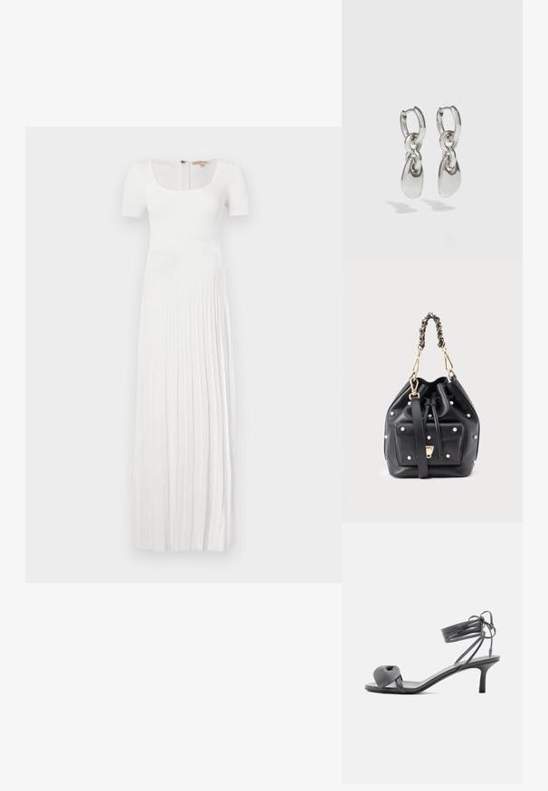 Robe longue blanche côtelée avec un décolleté carré et des manches courtes. Présente des plis verticaux et une fermeture éclair au dos. Texture douce.; Sandale à talon en cuir gris avec une bride nouée sur les orteils et des lacets enroulants autour de la cheville, sur un talon moyen et fin, sur fond blanc.; Sac seau en cuir noir avec ferrures dorées, ornements de perles, bandoulière réglable et poignée chaîne. Comprend une poche avant et un haut froncé.; Boucles d'oreilles en argent avec des maillons ovales allongés, présentant une finition polie et un pendentif tombant texturé. Design simple avec des bords lisses.