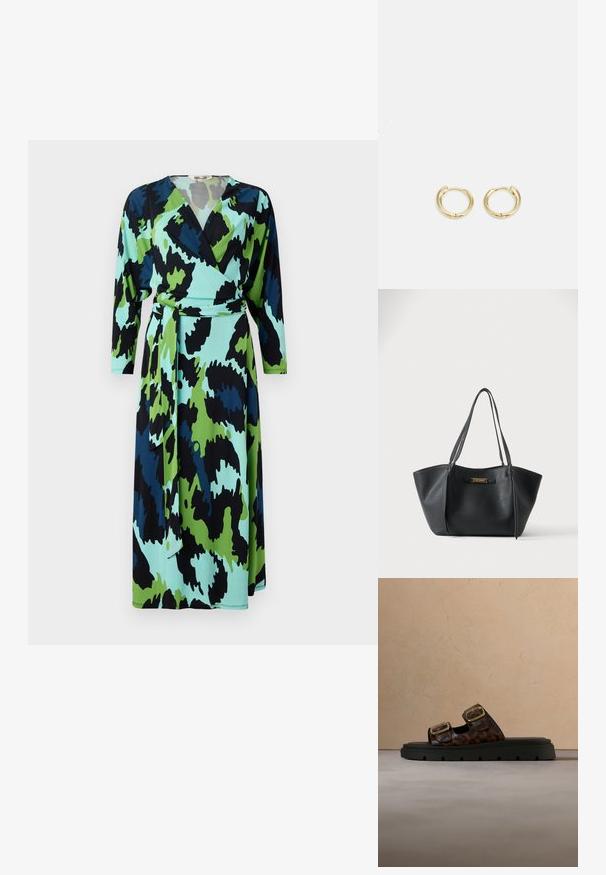 Vikse kjole i et dristigt print med grønne, blå og sorte abstrakte mønstre. Fremstillet af blødt stof med lange ærmer og en bælte, der kan bindes.; Brune slides med leopardprint, to guldspænder, en sort gummisål og en glat overdel i imiteret læder.; Sort læder tote taske med dobbelte skulderstropper og en lille guldfarvet mærkeplade foran midt på.; Guldøreringe med en glat, rundet design. Har en lille hængselåbning, letvægtigt udseende og en poleret overflade.