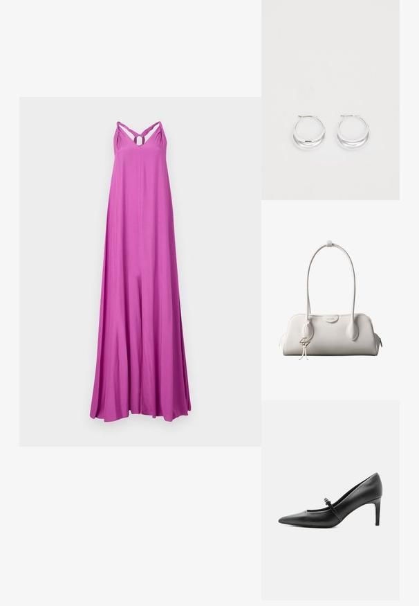 Vestido largo y fluido maxi en un vibrante color rosa. Presenta tirantes tipo espagueti con un diseño retorcido y un detalle en forma de lágrima en el pecho. Textura suave.; Zapato de tacón alto de cuero negro con punta puntiaguda, con tira fina y hebilla sobre el empeine, sobre fondo claro y neutro.; Bolso de hombro blanco de Calvin Klein con asas largas, forma rectangular, cierre de cremallera y charm decorativo con el logo colgando cerca del asa.; Pendientes de aro de plata con un acabado pulido y la marca DKNY, exhibidos sobre un fondo blanco liso.