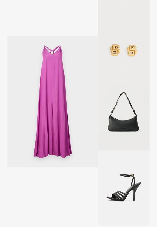 Lange, vloeiende maxi-jurk in helderroze. Heeft spaghettibandjes met een gedraaide ontwerp en een sleutelgatdetail op de borst. Soepele textuur.; Zwarte strappy hoge hak sandaal met een slanke enkelband, open teen en een gladde afwerking. Heeft een slanke hak en een gestructureerd bandontwerp.; Zwarte lederen schoudertas met een gebogen rechthoekige vorm, gouden ketting verweven in een gevlochten zwarte band, en een ritssluiting bovenop.; Een paar gouden metalen oorknopjes in de vorm van in elkaar grijpende letter B ontwerpen op een witte achtergrond.