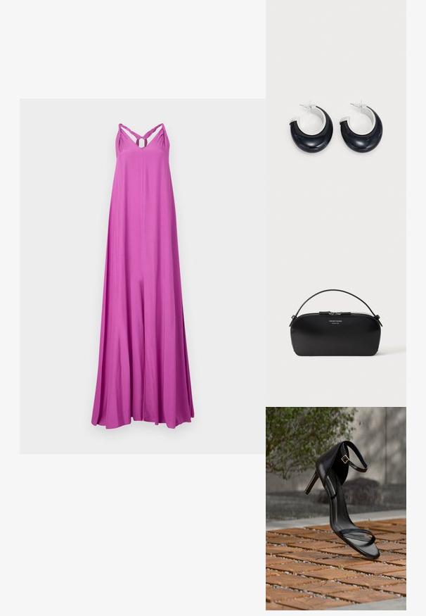 Vestido largo y fluido maxi en un vibrante color rosa. Presenta tirantes tipo espagueti con un diseño retorcido y un detalle en forma de lágrima en el pecho. Textura suave.; Sandalia negra de tacón alto con correa en el tobillo, parece suspendida sobre un suelo de baldosas de madera al aire libre, con un fondo difuminado de vegetación y piedra.; Bolso pulsera de cuero negro con cremallera plateada y asa corta, logo Emporio Armani Milano 1981 en relieve en el frente.; Pendientes de aro de resina negra con acabado brillante y acentos de hardware en tono plateado. Forma circular con un corte y cierre a presión.