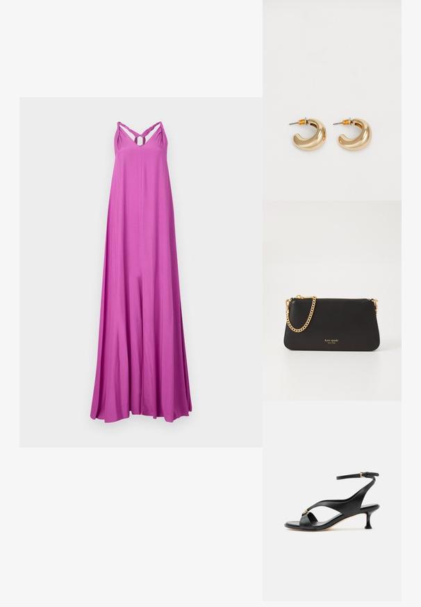 Vestido largo y fluido maxi en un vibrante color rosa. Presenta tirantes tipo espagueti con un diseño retorcido y un detalle en forma de lágrima en el pecho. Textura suave.; Sandalia negra de cuero para mujer con tacón bajo curvado, tiras cruzadas y correa ajustable en el tobillo con pequeña hebilla dorada.; Clutch de cuero negro con una correa de cadena dorada. Presenta un cierre con cremallera y el nombre de la marca en relieve en dorado en la parte frontal. Textura suave, forma rectangular.; Dos pendientes de aro dorados brillantes en un diseño curvado, con acentos naranjas cerca del poste, sobre un fondo blanco liso.
