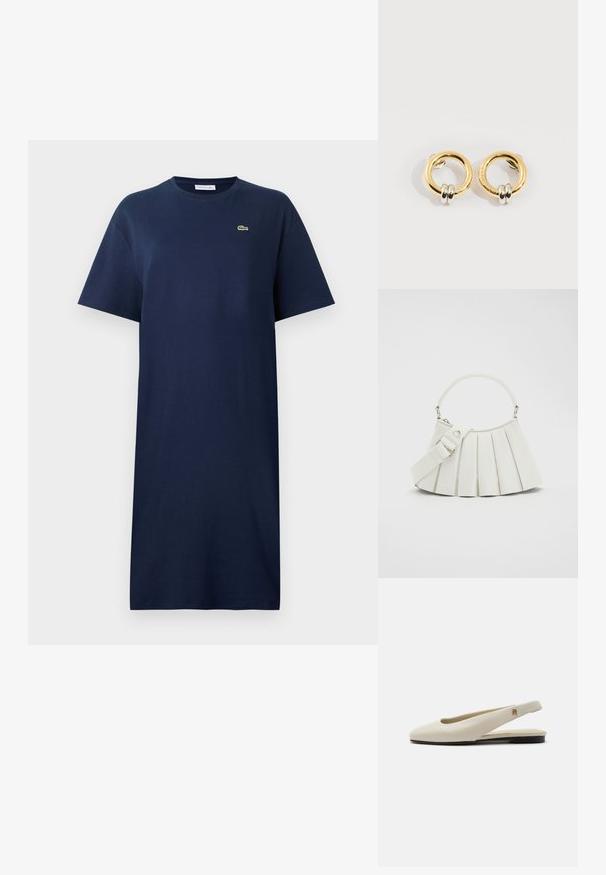 Navyblauw katoenen t-shirtjurk met korte mouwen, ronde hals en een klein groen logo op de borst. Rechte snit, knielange ontwerp.; Crèmekleurige leren slingback platte schoen met ronde neus en klein gouden embleem op het bandje.; Lacoste LENGLEN BAG - Handtas - cristalline; Gouden ronde oorbellen met aan elke oorbel twee kleine zilveren ringetjes, met subtiele gegraveerde merknamen, geplaatst op een witte achtergrond.