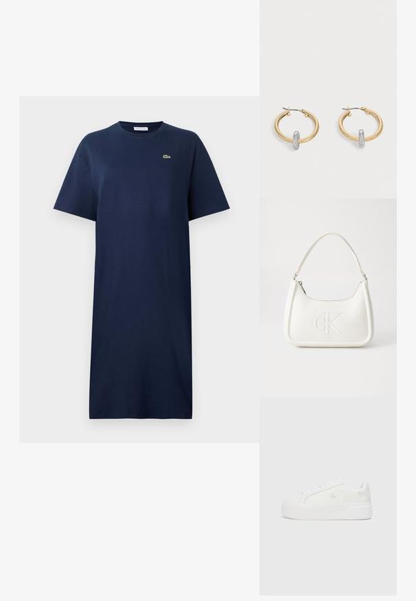 Vestido de algodón azul marino con mangas cortas, cuello redondo y un pequeño logo verde en el pecho. Diseño recto, a la altura de la rodilla.; Zapatillas de plataforma blancas con parte superior de cuero suave, punta redondeada, cordones blancos y un sutil detalle de logotipo en el lateral. Suela de goma plana.; Bolso de mano de cuero blanco con forma curvada, con un logo "CK" en relieve en la parte delantera y una sola correa para el hombro. Cierre de cremallera en la parte superior.; Par de pendientes de aro en tono dorado con pequeño detalle de aro en tono plateado en cada uno, expuestos sobre un fondo gris claro.