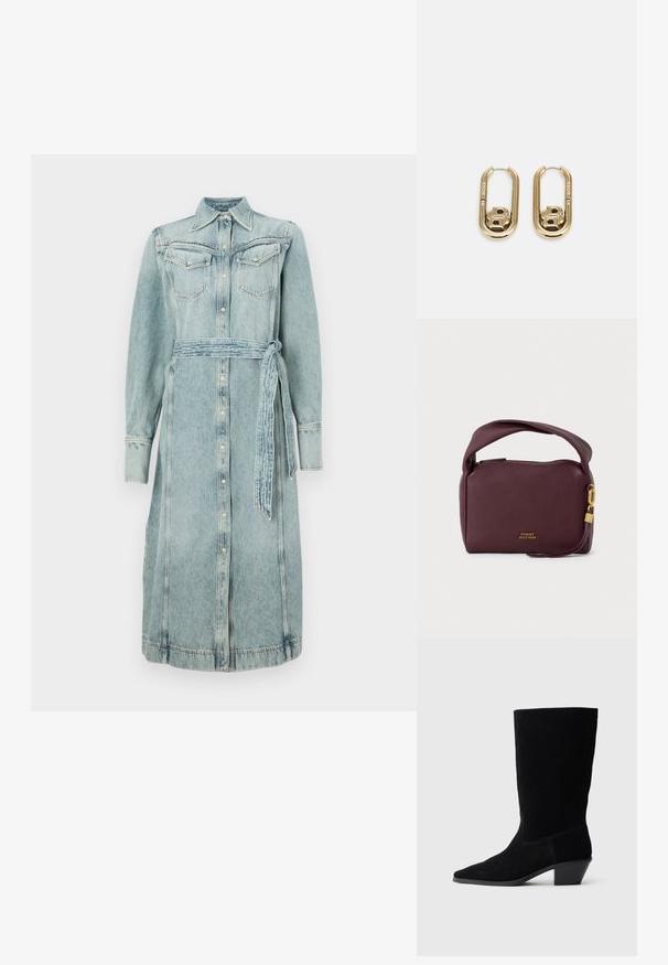 Denim-shirtin mekko vaaleansinisena, jossa on napitus etupuolella, kaksi rintataskua ja yhteensopiva vyö. Pitkät hihat ja suora siluetti.; Musta mokka nilkkuri, jossa on terävä kärki, keskipitkä varsi ja paksu korko. Ominaisuuksia ovat vähäinen ompelu ja sileä pinta.; Tumman violetin sävyinen, röpelöinen nahkalaukku, jossa on leveä kahva, kultainen vetoketjun nyöri, pieni padlock-koriste ja "Tommy Hilfiger" -logo kultaisilla kirjaimilla.; BOSS DOUBLE B SWING - Korvakorut - gold-coloured