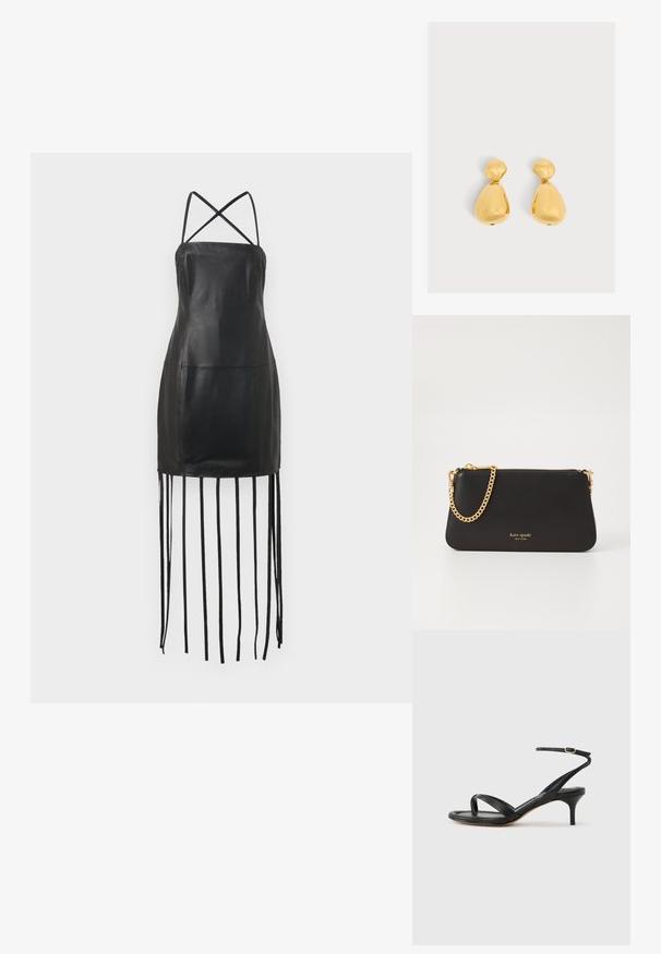 Zwarte leren jurk met dunne kruisbande, strakke lijfje en franjes die uit de zoom hangen. Gladde textuur en minimalistisch ontwerp.; Zwarte leren dames sandaal met dunne bandjes, een teengreep, een enkelgesp en een stilettohak van gemiddelde hoogte op een neutrale achtergrond.; Zwarte leren clutch met een gouden kettinghengsel. Heeft een ritssluiting en een in reliëf gedrukt merknaam in goud aan de voorkant. Glad textuur, rechthoekige vorm.; Paar glanzende gouden druppelvormige oorbellen met een kleiner afgerond bovenstuk verbonden met een groter peer-vormig onderstuk.