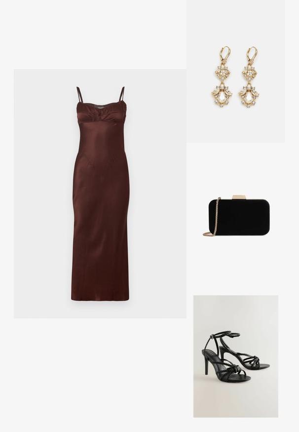 Satin midi kjole i mørkebrunt med tynde justerbare stropper, tætsiddende overdel, rynkedetaljer ved brystet og glat tekstur.; Sorte højhælede sandaler med flettede stropper, ankelspænde og glat tekstur. Åben tå-design med slank stilettohæl.; Sort velour clutch med guldfarvede detaljer, rektangulær form og kædestrop, der har en glat tekstur og ingen synlige mønstre.; Guldtonede chandelierøreringe med en klynge-design, der har runde og tårnformede klare krystaller, der fremhæver detaljerne.