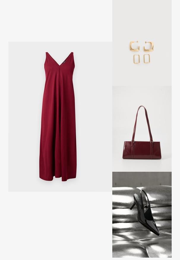 Burgundy ærmeløs maxikjole med V-hals, lavet af blødt stof, med en løs pasform og gulvlængde design.; Sort laklæder slingback stilet sko placeret på en skinnende metallisk sølv læder pude baggrund.; Bordeaux håndtaske lavet af glansfuldt materiale, rektangulær form, med to skulderremme og subtile buede detaljer på forsiden.; To par guldfarvede geometriske hoop-øreringe på en ensfarvet hvid overflade, et par firkantede og solide, et par rektangulære og hule.