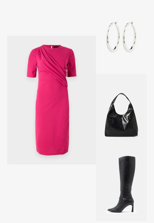 Vestido fucsia hecho de una tela suave, con mangas cortas, un escote redondo y detalles drapeados en el cuerpo.; Bota negra hasta la rodilla hecha de cuero, con punta afilada, tacón de aguja y una correa decorativa en el tobillo con un hebilla dorada.; Bolso hobo de cuero negro con una textura suave y brillante y un diseño de parte superior redondeada y abierta. Cuenta con una amplia correa curvada para llevar. Sin hardware visible.; Pendientes de aro de plata con un acabado suave y brillante. Forma circular, con un cierre seguro. Diseño sencillo y elegante.