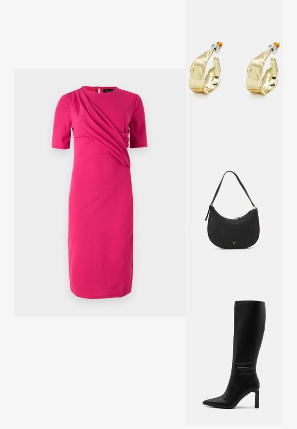 Fuchsia Kleid aus glattem Stoff, mit kurzen Ärmeln, einem runden Ausschnitt und drapierten Details im Oberteil.; Even&Odd by Zalando Stiefel - black; Schwarze Lederhandtasche mit geschwungenem Design, strukturiertem Material, vorderen Nähten und einem Logo in Goldtönen. Verfügt über einen einzelnen verstellbaren Tragegurt.; Goldfarbene Ohrringe in Form abstrakter Hände, mit einer glänzenden Oberfläche, filigranen Details und einem Silber- und Goldstift für sicheren Halt.