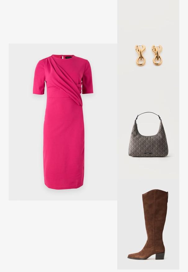 Fuchsia kjole lavet af glat stof, med korte ærmer, rund halsudskæring og draperede detaljer over livet.; Brune ruskinds knæ-høje støvler med spids tå og en stakhelt. Har en glat overflade og minimalistiske syninger.; Brun Calvin Klein skuldertaske med sort geometrisk mønster, enkelt sort rem og lynlåslukning på toppen.; Par af skinnende guldfarvede hoop-øreringe med snoet, flettet design på en enkel hvid baggrund.