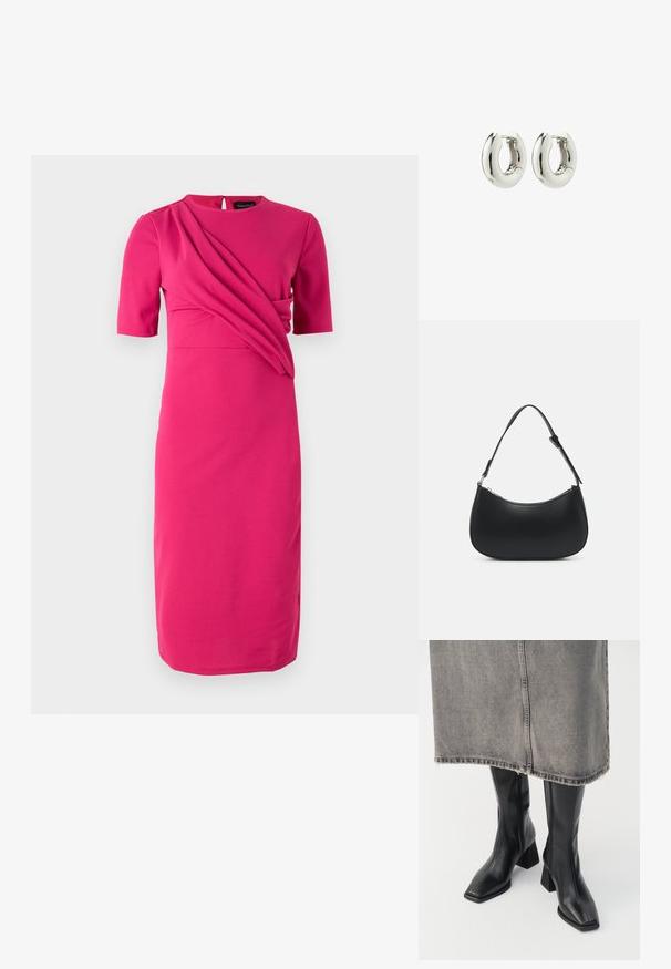 Fuchsia jurk van zachte stof, met korte mouwen, een ronde halslijn en gedrapeerde details over het lijfje.; Zwarte laarzen tot de knie van soepel leer met een vierkante neus en blokhak. Draag ze met een grijze denim rok met een rafelige zoom.; Pieces PCALUANA SHOULDER BAG - Handtas - black; Zilveren creolen met een glad, afgerond ontwerp en een glanzende afwerking. Voorzien van een eenvoudige scharnier sluiting voor gemakkelijk dragen.