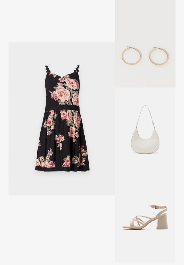 Bloemige sundress met zwarte achtergrond, roze en witte rozen, uitgerafelde schouderbandjes, strakke lijfje, flaired rok en kantafwerking aan de zoom.; Beige haksandalen met gekruiste banden, een enkelgesp en een vierkante blokhak voor stabiliteit. Gladde leerachtige textuur.; Crème leren schoudertas met een halve maan vorm, dunne schouderband en subtiele stiksels. Minimalistisch ontwerp met gouden hardware accenten.; Een paar gladde goudkleurige middelgrote creooloorbellen met scharniersluitingen op een effen lichte achtergrond.