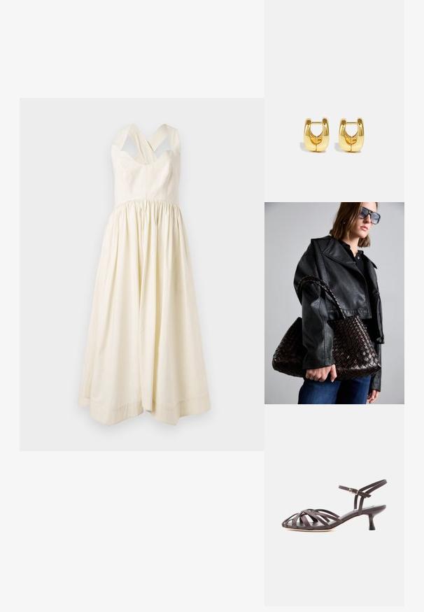Cremefarbenes Baumwollkleid mit tailliertem Oberteil und einem gerafften, fließenden Rock. Verfügt über breite überkreuzte Schulterträger und ein einfaches Design.; Dunkelbraune Leder-Sandalette mit Riemchen und verstellbarem Schnallenriemen am Knöchel, Kitten-Heel, vor weißem Hintergrund.; DRAGON DIFFUSION SANTA CROCE BIG - Handtasche - dark brown; Goldene Creolen mit einem schlanken, abgerundeten Design. Sie verfügen über eine hohle Mitte und eine glänzende Oberfläche, die moderne Stile ergänzen.