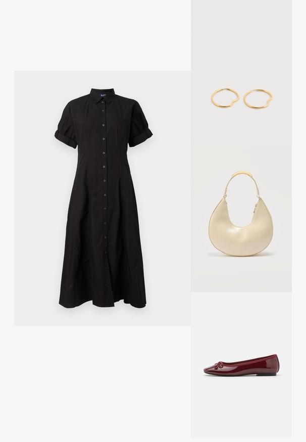 Robe midi noire à manches courtes et boutons avec un col et des poignets roulés, cintrée à la taille et s'évasant vers l'ourlet.; Ballerines en cuir verni bordeaux brillant, avec un bout arrondi, un nœud décoratif et une semelle noire basse.; Sac à main crème en forme de croissant avec une poignée courte ornée d'un accent en métal doré et une fermeture éclair latérale.; Paire de boucles d'oreilles fines en or en forme de créoles avec une petite indentation courbée sur chaque cercle, présentées sur un fond clair uni.
