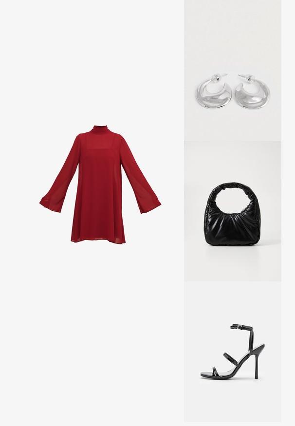 Robe en chiffon rouge avec de longues manches cloche et un col haut. Silhouette fluide et ample avec un décolleté carré et une texture transparente.; Sandales à talons hauts en cuir verni noir avec trois sangles horizontales et une sangle de cheville ajustable. Silhouette élégante et finition brillante.; Sac à main noir rembourré avec une poignée arrondie, présentant une surface lisse et brillante ainsi qu'une texture douce et matelassée. Pas de quincaillerie ou d'accents visibles.; Une paire de boucles d'oreilles en croissant argenté poli avec des supports en plastique transparent sur une surface blanche.