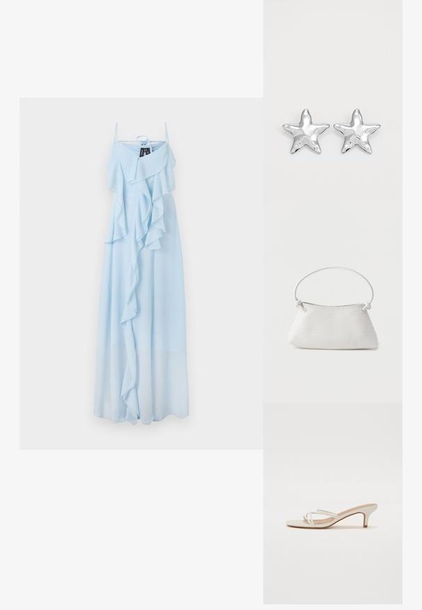 Lichtblauwe maxi-jurk met dunne bandjes, een gelaagde ruffle-design bij de bustel en een luchtige stof die doorloopt tot de zoom.; Witte blokhak sandalen hebben dunne banden en een vierkante teenontwerp. De hak is ongeveer van gemiddelde hoogte en heeft een gladde afwerking.; Witte handtas van gevlochten leer met een afgeronde handgreep en uiteinden van de band die geknoopt zijn, afgebeeld tegen een effen achtergrond.; Zilveren stervormige oorbellen met een gepolijste, glanzende afwerking. Elke oorbel heeft vijf punten en subtiele textuurdetails op het oppervlak.